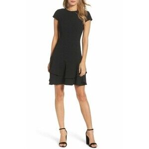 Eliza J Black Cap Sleeve Fit and Flare Tiered Flounce Hem Sheath Dress, Size 2P